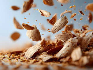 Close-up of wood chips flying in mid-air against a white background.