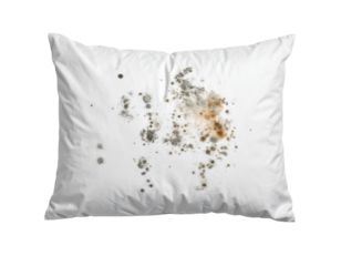 A white pillow stained with various mold spots in black and orange hues, showing signs of mildew and damage.