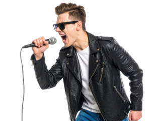 A young man passionately singing into a microphone, wearing sunglasses, a black leather jacket, a white shirt, and blue jeans.
