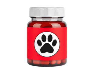 A small bottle filled with red capsules, featuring a red label with a black paw print inside a white circle.