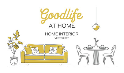 Modern home interior vector set with yellow sofa, dining table, potted plant, and light fixture, symbolizing comfort, style, and cozy living.