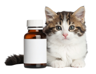A fluffy kitten with brown and white fur sits next to a small brown bottle with a white label and cap.
