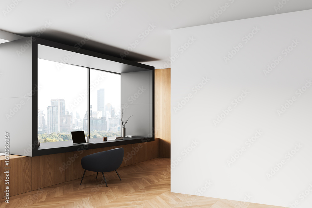 Poster modern office workspace with panoramic window and empty white wall for poster or branding mockup con
