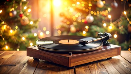 A record player sits on a wooden table before a glowing Christmas tree