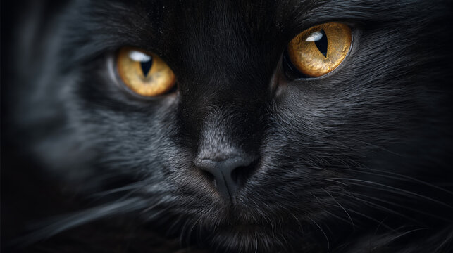 Black cat with piercing yellow eyes staring into camera, studio pet photography, sharp whiskers, mysterious vibe, deep shadows and glowing highlights piercing yellow eyes, studio c
