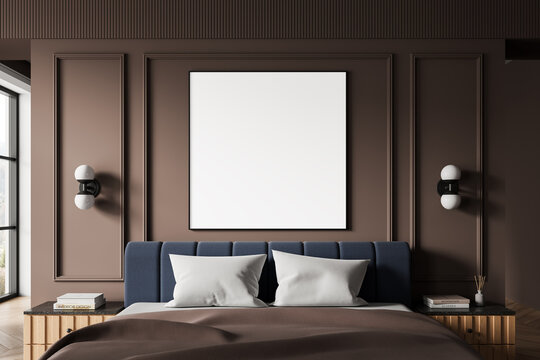 Modern bedroom interior with blank vertical poster frame above bed and stylish brown wall paneling in soft lighting setting. 3D Rendering - Powered by Adobe