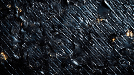 Black textured surface with small scratches and imperfections, creating rugged and worn appearance. interplay of light and shadow enhances depth and character of material
