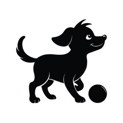 Playful puppy silhouette engaged with a round ball on a clean white background