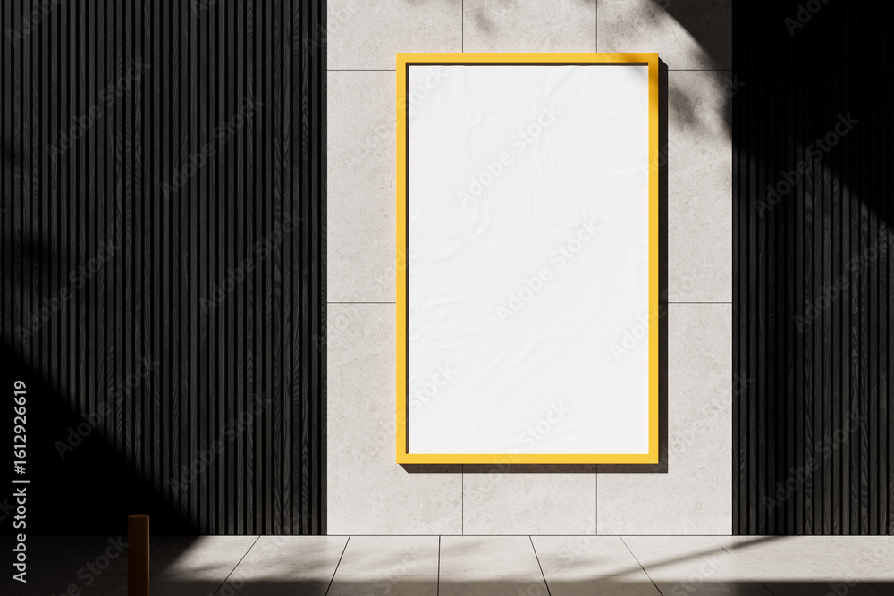 Aufkleber blank poster mockup with yellow frame on modern tiled wall with shadows and clean interior layout fo