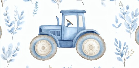 Seamless pattern with watercolor drawings of kids' toys, highlighted by a blue farm tractor on white background for textiles, interior, clothes, wallpaper.