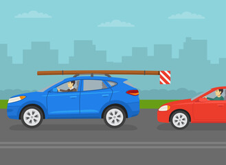 Traffic regulation rules and tips. Side view of the car carrying timber on roof. Traffic flow on city road. Flat vector illustration template.