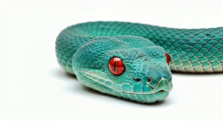 Obraz premium Close-up Cyan Snake Head Red Eyes White Background Exotic