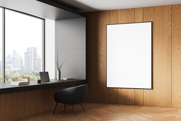 Blank vertical poster mockup on wooden wall in modern office interior with city view, minimal furniture, and natural lighting for clean branding concept. 3D Rendering