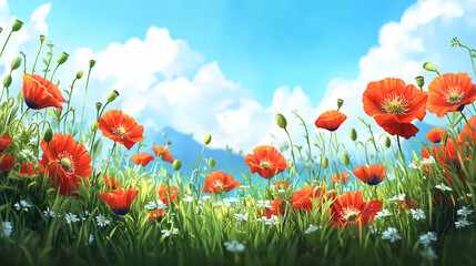 Obraz premium Vivid red poppies bloom in a sunny field wildflowers dot the green grass mountains are in the distance a beautiful summer day