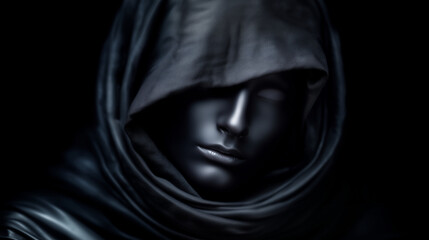 A dark-robed figure with an empty black void for a face, cloaked in mystery and silence, horror fantasy character design, emotionless and terrifying presence in the shadows =void f