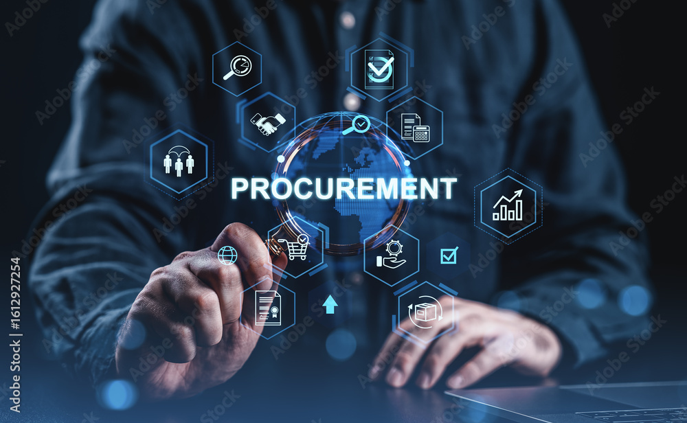 Poster procurement digital strategy interface with futuristic icons and businessman pointing at virtual scr
