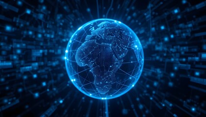 Futuristic digital globe on dark blue tech background