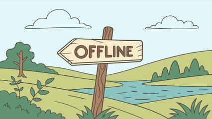 Offline mode sign in nature landscape vector illustration for digital detox and disconnection concept