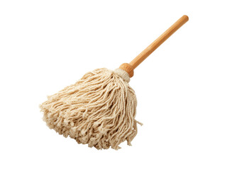 Traditional cotton string mop with wooden handle cleaning tool, Isolated On White Background, Png Transparent