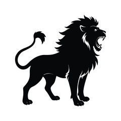Powerful roaring lion silhouette facing forward on a clean white background