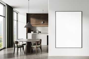 Modern kitchen interior with empty vertical poster frame on clean white wall for mockup or design template presentation in cozy dining space. 3D Rendering