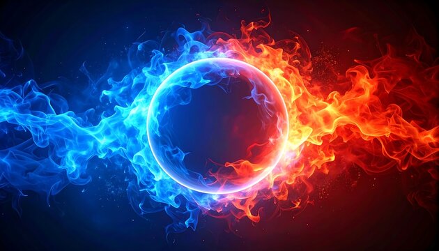 A circular frame of fire, blue flames on the left, red on the right, set against a dark background