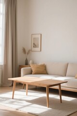 Minimalist wooden table in cozy living room, soft natural light, serene domestic still life