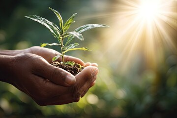 Hands holding a young plant in soil, bathed in sunlight