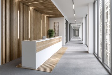 Modern office reception area with wood wall, long hallway, and large windows