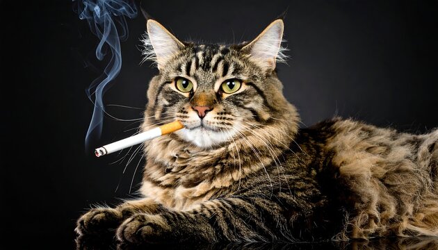 A longhaired tabby cat lies on a dark surface, a cigarette dangling from its mouth, smoke rising above