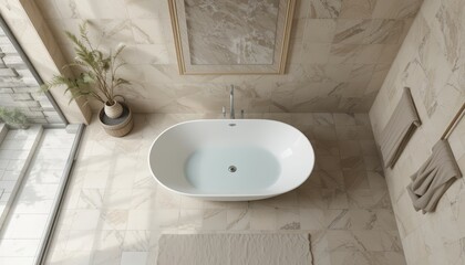 Top view of an oval bathtub installed on a tiled bathroom floor with a window and curtains nearby