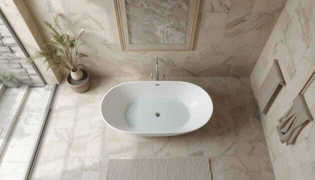 Top view of an oval bathtub installed on a tiled bathroom floor with a window and curtains nearby