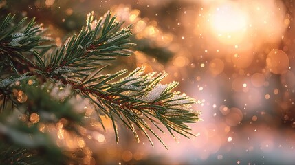 A close-up macro view of deep green fir needles with golden frost crystals and warm light reflecting off each tip. The background is softly blurred with amber and peach tones