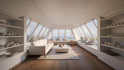 Modern living room with panoramic windows and built in shelving