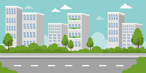 Flat style of  Urban Cityscape with Road, Trees, and Modern Buildings

