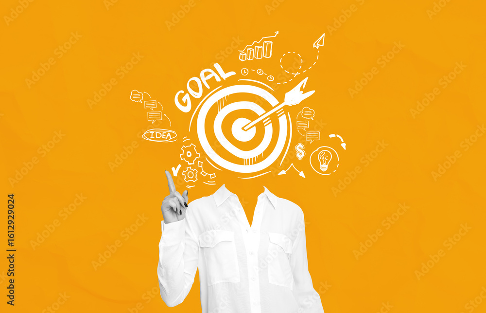 Poster headless person pointing up with goal target sketch instead of h