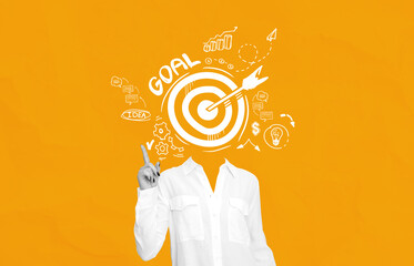 Headless person pointing up with goal target sketch instead of h