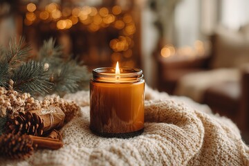 A cozy indoor scene with a lit amber candle surrounded by warm beige decor, fir garland, and cinnamon bundles. Set on a cream knitted cloth on a table, with a softly blurred brown and gold toned