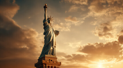 The Symbol of of Liberty, a symbol of American freedom, against a stunning sunset sky in New York City.