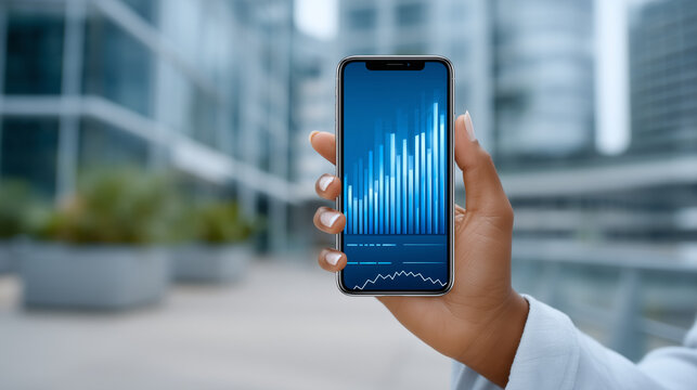 Close-up of a hand holding a smartphone displaying a financial dashboard with analytics fintech, smartphone, data dashboard, mobile analytics, business technology