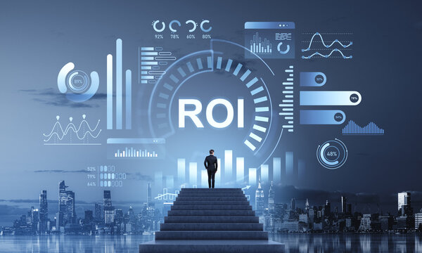 Businessman on stairs facing ROI concept with futuristic analyti