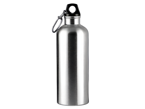 Stainless steel water bottle with carabiner clip, Isolated On White Background, Png Transparent