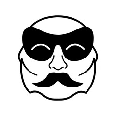 Minimalist mask icon with mustache and sunglasses-Black and white illustration of a stylized face featuring a mustache, bald head, and dark sunglasses, resembling a mysterious disguise or icon.