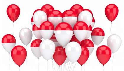 A heart-shaped arrangement of red and white balloons, symbolizing the Indonesian flag for a national day celebration or patriotic event.