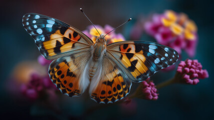 Obraz premium Macro shot of colorful butterfly on blooming flower in morning light butterfly, macro photography, flower close-up, spring, wildlife