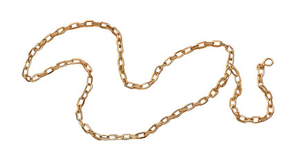 A gold chain featuring elongated interlocking links arranged in a loose, wavy shape.
