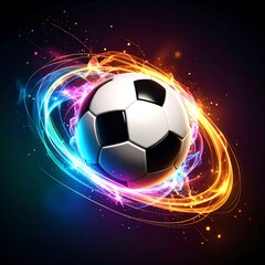 Obraz premium A soccer ball encircled by vibrant, swirling, multicolored light trails against a dark background