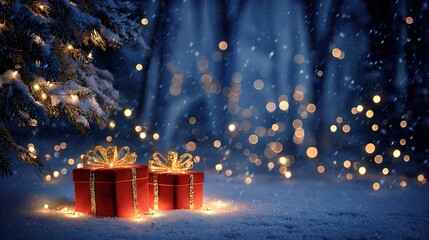 A festive night-time holiday image with two bright red velvet gift boxes with glowing gold bows placed under a snow-covered pine tree, bathed in golden fairy lights.