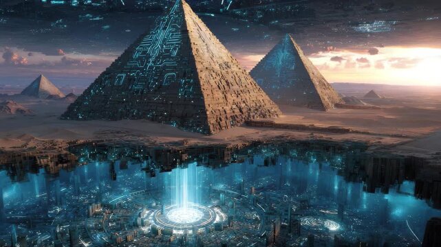 Futuristic Pyramids Desert Cityscape SciFi Artwork Alien Technology, 4k video footage