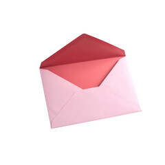 Pink envelopes, some open with blank cards or red ribbons, symbolize communication and correspondence